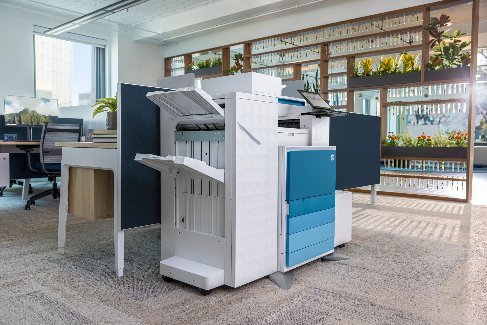 HP office multifunction printer in a workroom